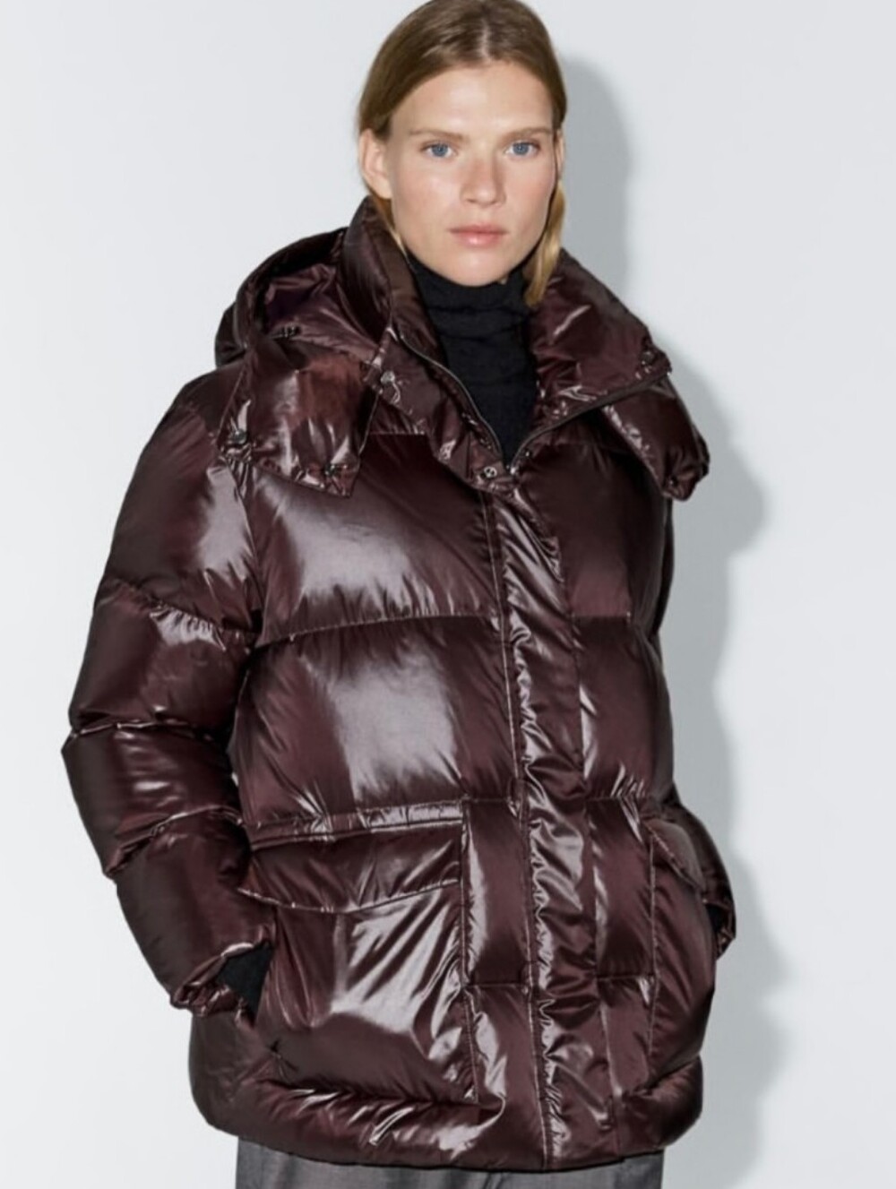 Massimo Dutti Glossy Hooded Puffer Coat Stand Up Collar Down Jacket Womens Small